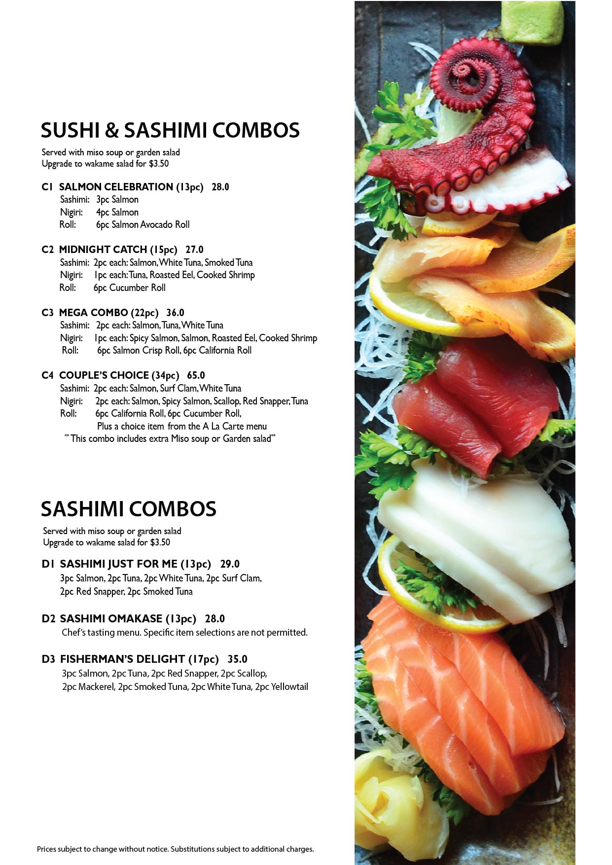 sushi sashimi combos menu